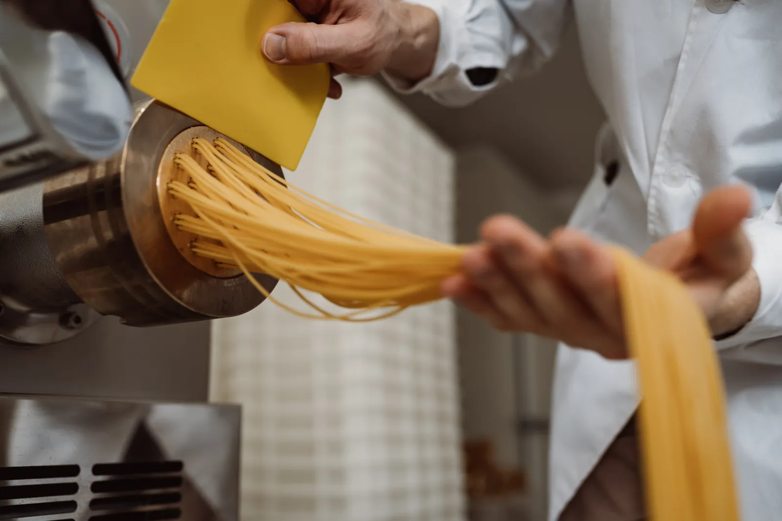 Frisch produzierte Spaghetti in der Nudelmanufaktur